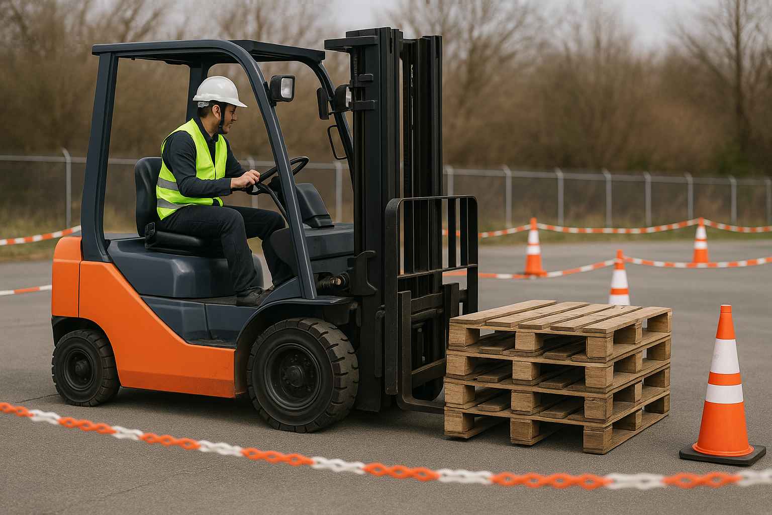 지게차 실기 시험을 보고 있는 운전자가 나무 팔레트를 조심스럽게 옮기는 모습, 안전 장비를 착용하고 집중하는 장면.