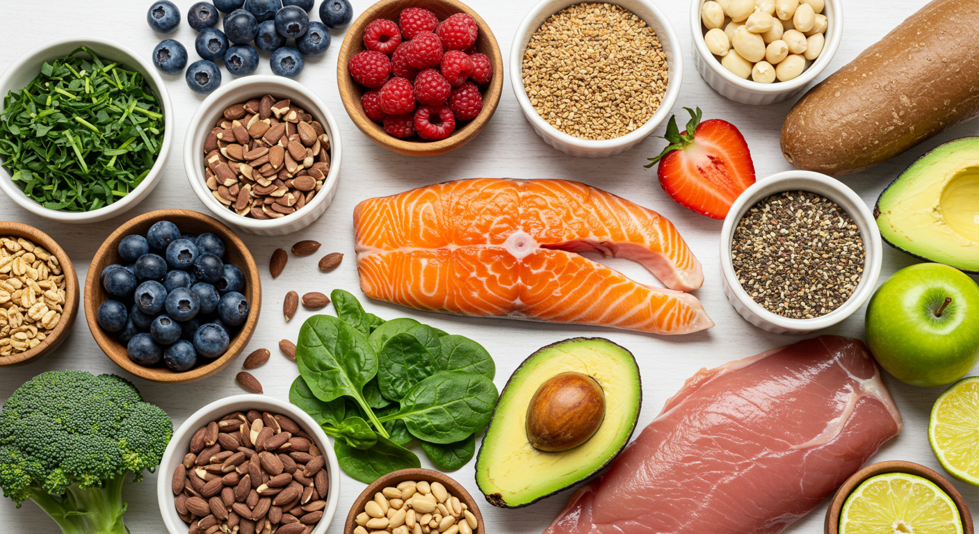 저속노화식단 필수 음식 – 연어, 아보카도, 블루베리, 견과류