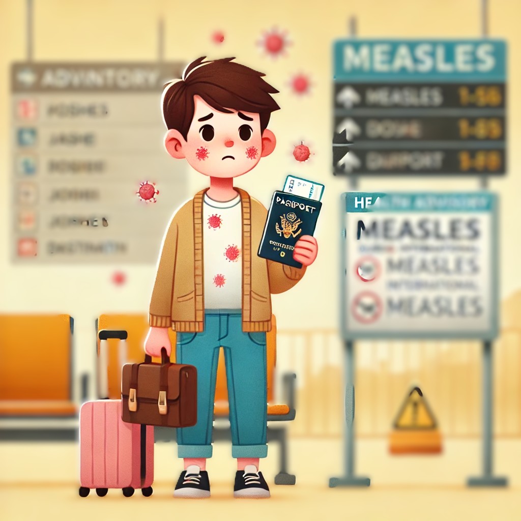 해외여행을 준비하는 청년이 공항에서 홍역 감염 증상을 보이며 걱정하는 모습. 홍역예방접종비용