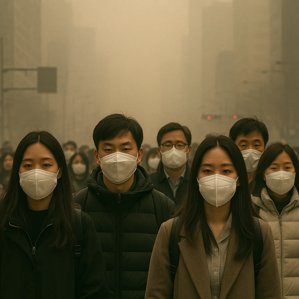 미세먼지로 인해 마스크를 쓰고 거리를 걷고 있는 모습