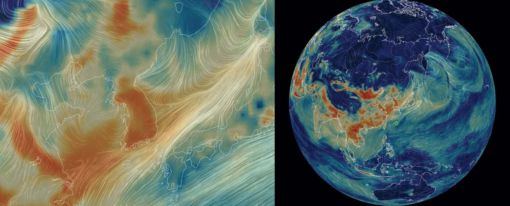 Earth Nullschool 지구 전체 지도, 전 세계 미세먼지 농도와 대기 흐름이 컬러로 표현된 모습