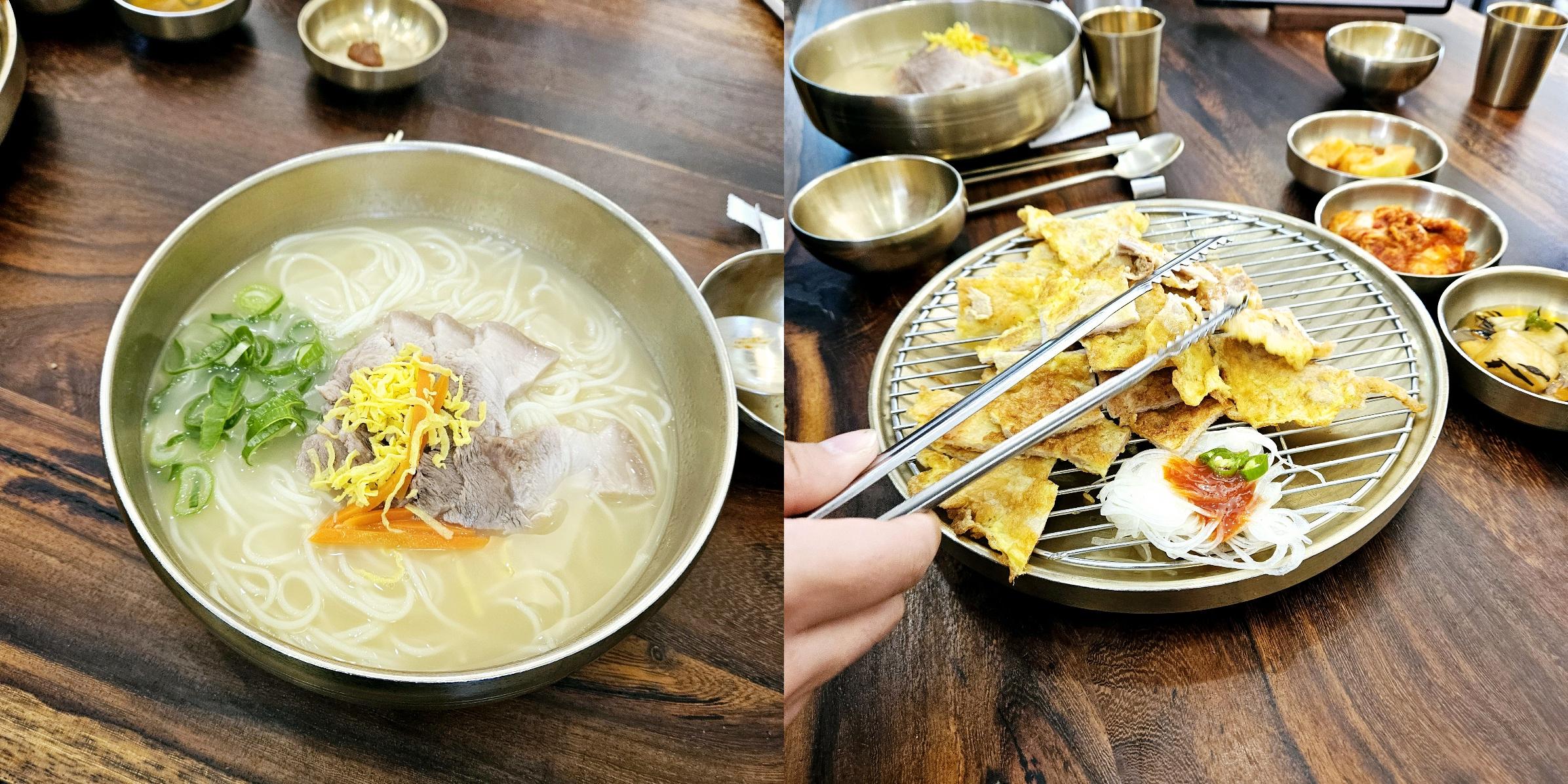 제주도맛집 제주 먹돌 본점에서 제공하는 고기국수와 흑돼지 육전이 한 화면에 담긴 사진. 왼쪽에는 깊고 진한 사골 육수에 부드러운 돼지고기와 고명이 올라간 제주 고기국수가 담겨 있으며, 오른쪽에는 노릇하게 부쳐진 흑돼지 육전이 촘촘히 놓여 있다.