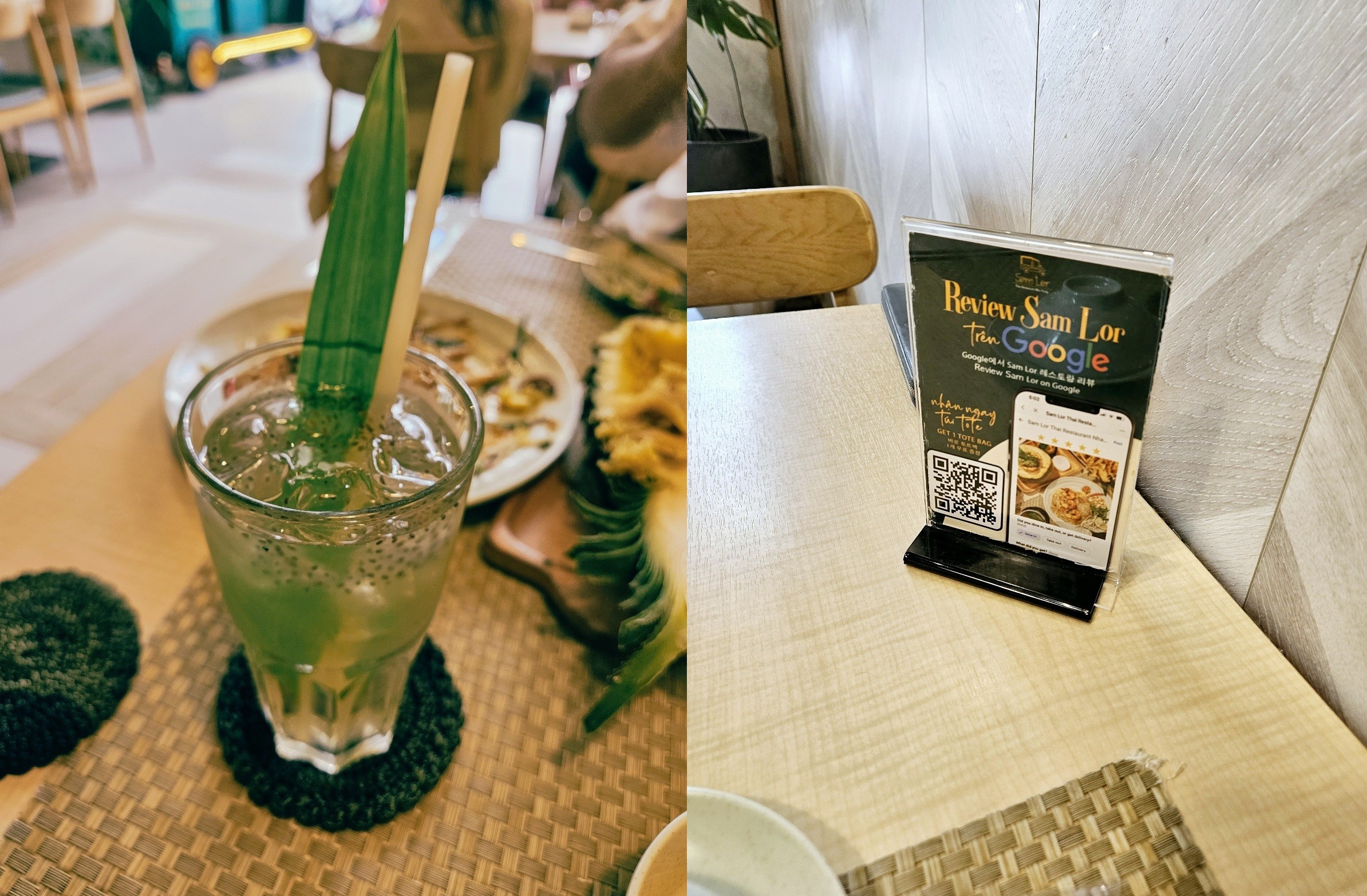 Sam Lor Thai Restaurant에서 제공하는 바질 씨드 음료와 구글 리뷰 이벤트 안내 스탠드