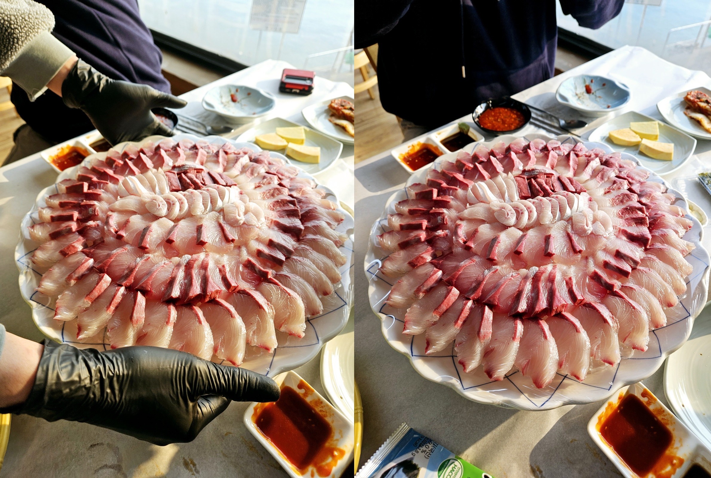 한진포구 맛집 현대회센터 방어회 모습입니다.