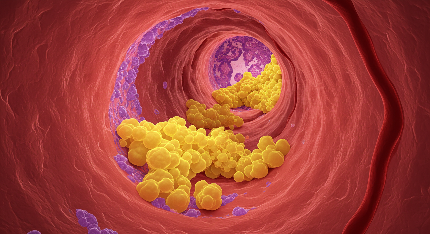 이상지질혈증으로 인해 혈관 내부에 지방(콜레스테롤)이 쌓여 좁아진 모습. 노란색 지방 덩어리가 혈관 벽에 축적되며 동맥경화로 발전할 수 있는 상태를 나타냄.