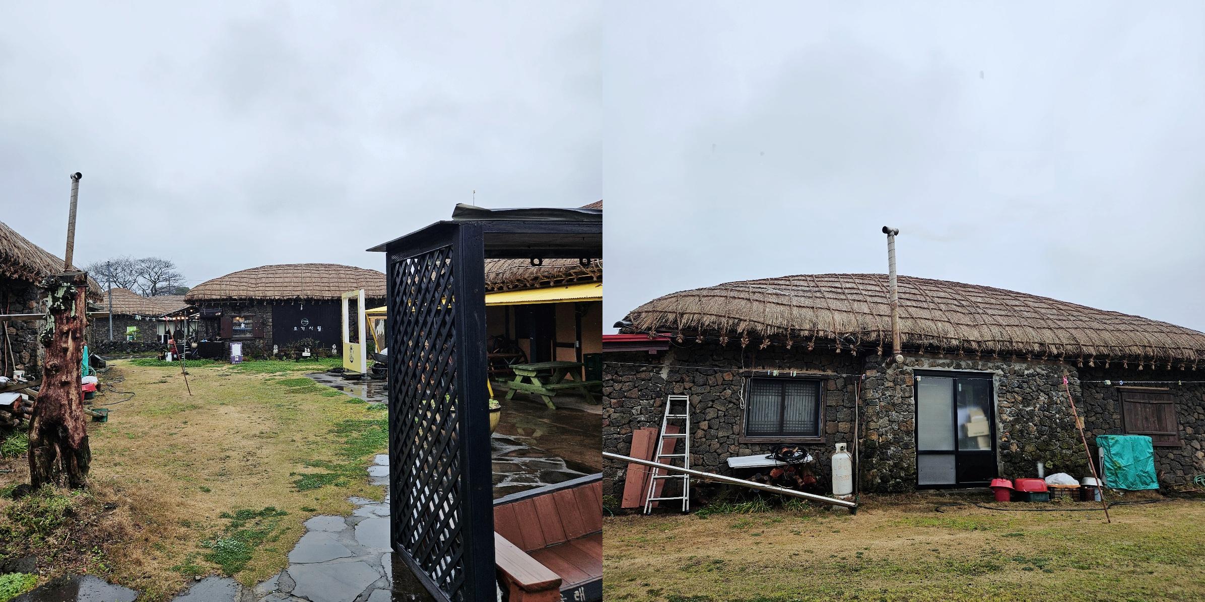 서귀포 맛집 064바당 외관과 주변 초가지붕 전통 마을 풍경