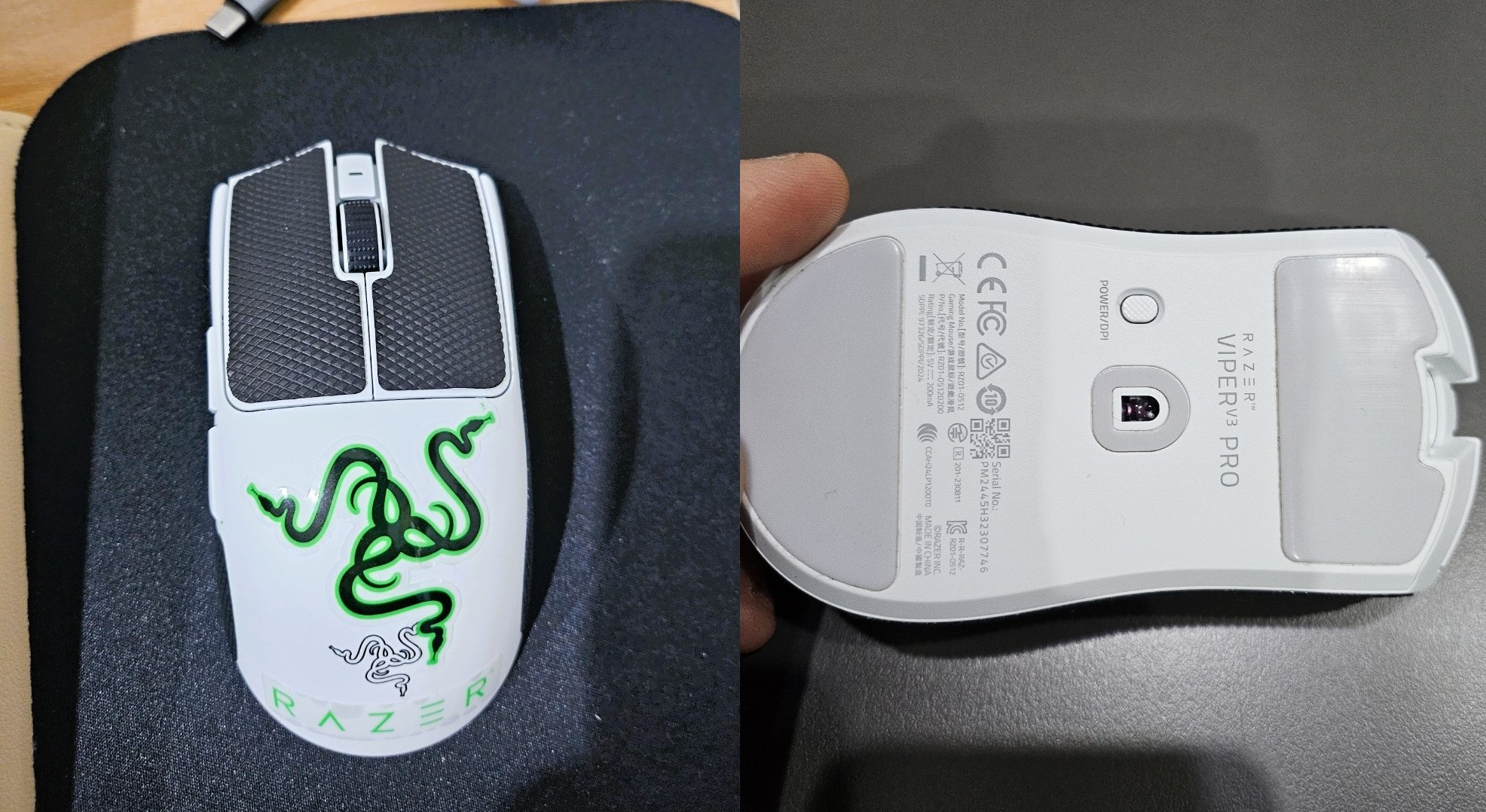 데스에더 V3 PRO 화이트 모델의 상단과 바닥면 모습. RAZER 로고와 센서, DPI 버튼, 제품명 인쇄가 보인다.