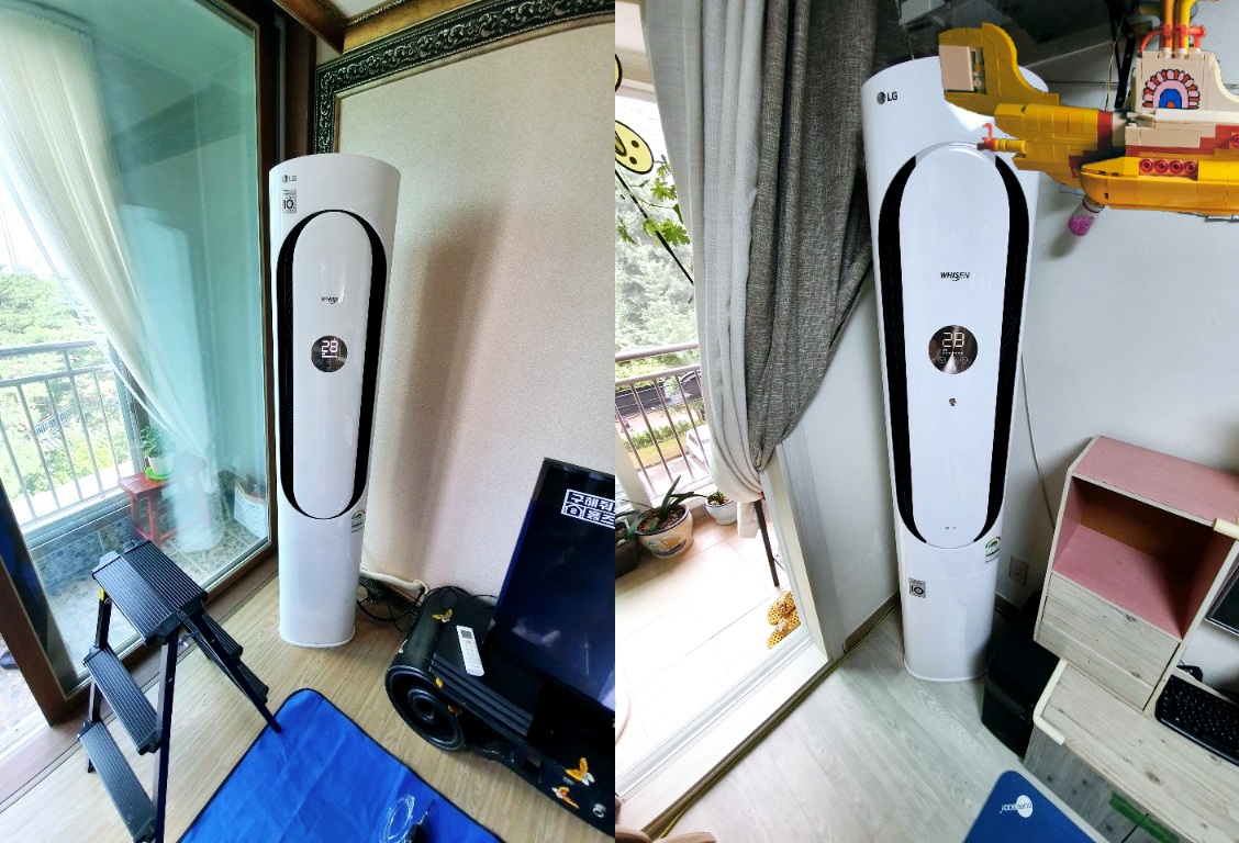 LG 에어컨 칸 모델의 전면부 디자인. 직선적인 송풍구 구조와 군더더기 없는 깔끔한 디자인이 특징이며, 실사용자들 사이에서 구조적 장점이 높이 평가되는 모델이다.