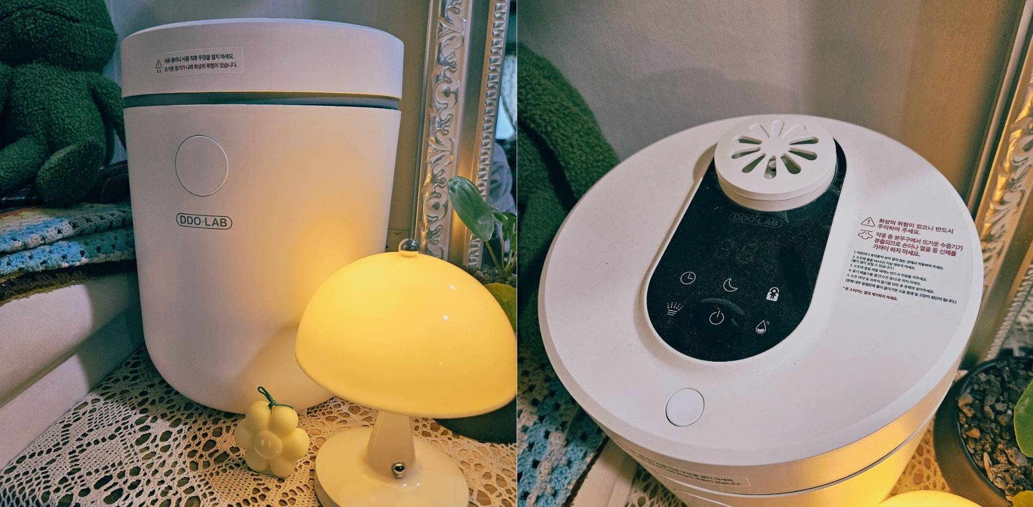 디디오랩 DHF-L55SW 가습기의 조작부와 본체 디자인을 함께 담은 사진. 스테인리스 물통과 터치패널이 직관적으로 구성돼 있으며, 가열식 스팀 방식의 고급스러운 인상이 강하다.