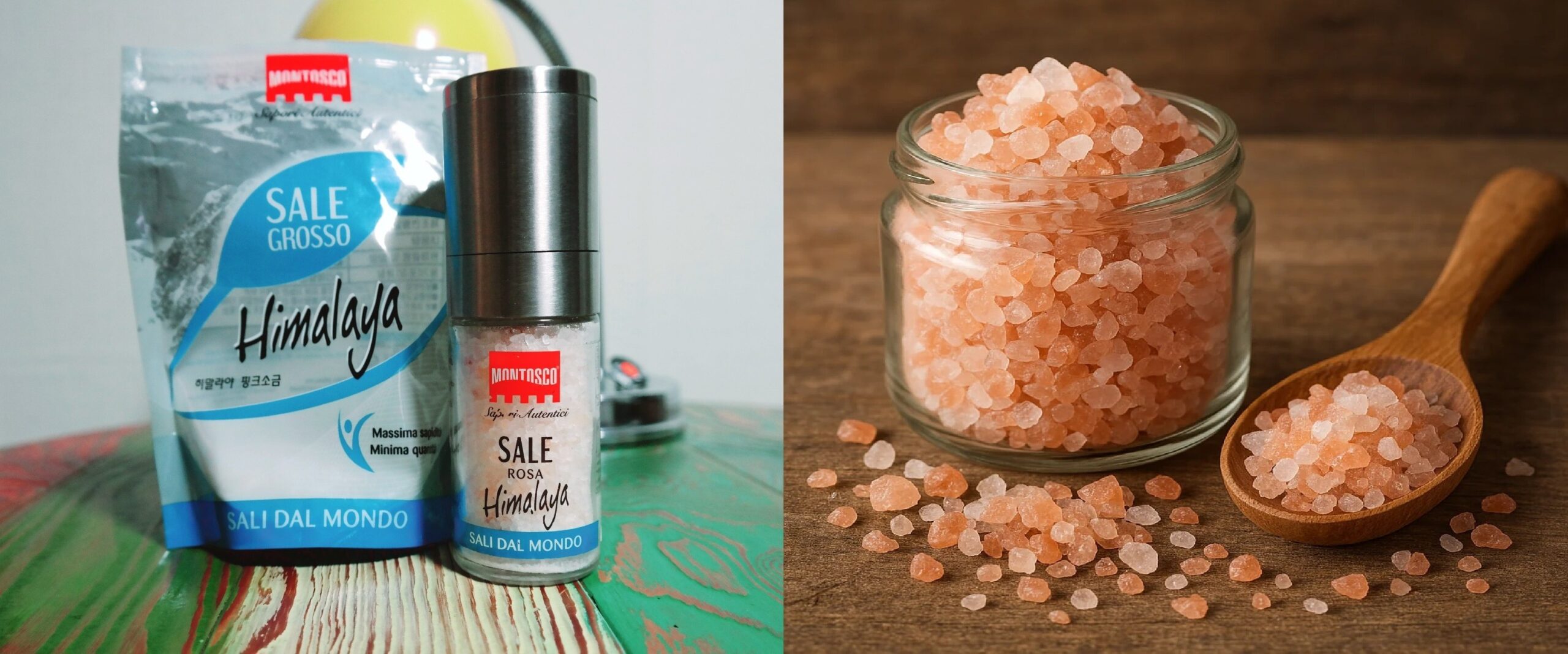 유리 병에 담긴 히말라야핑크소금 결정과 나무 숟가락 위에 놓인 굵은 소금