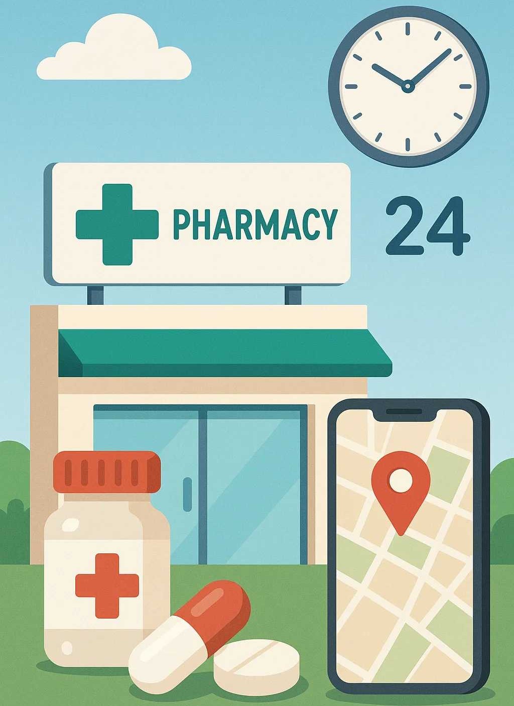 24시간 운영하는 약국과 위치 안내 앱을 보여주는 휴일 지킴이 약국 정보 일러스트