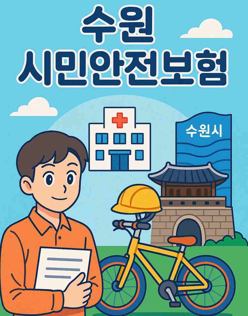 수원 시민안전보험 글씨가 ㅅ새겨져있는 애니메이션 스타일에 썸네일 표지입니다.