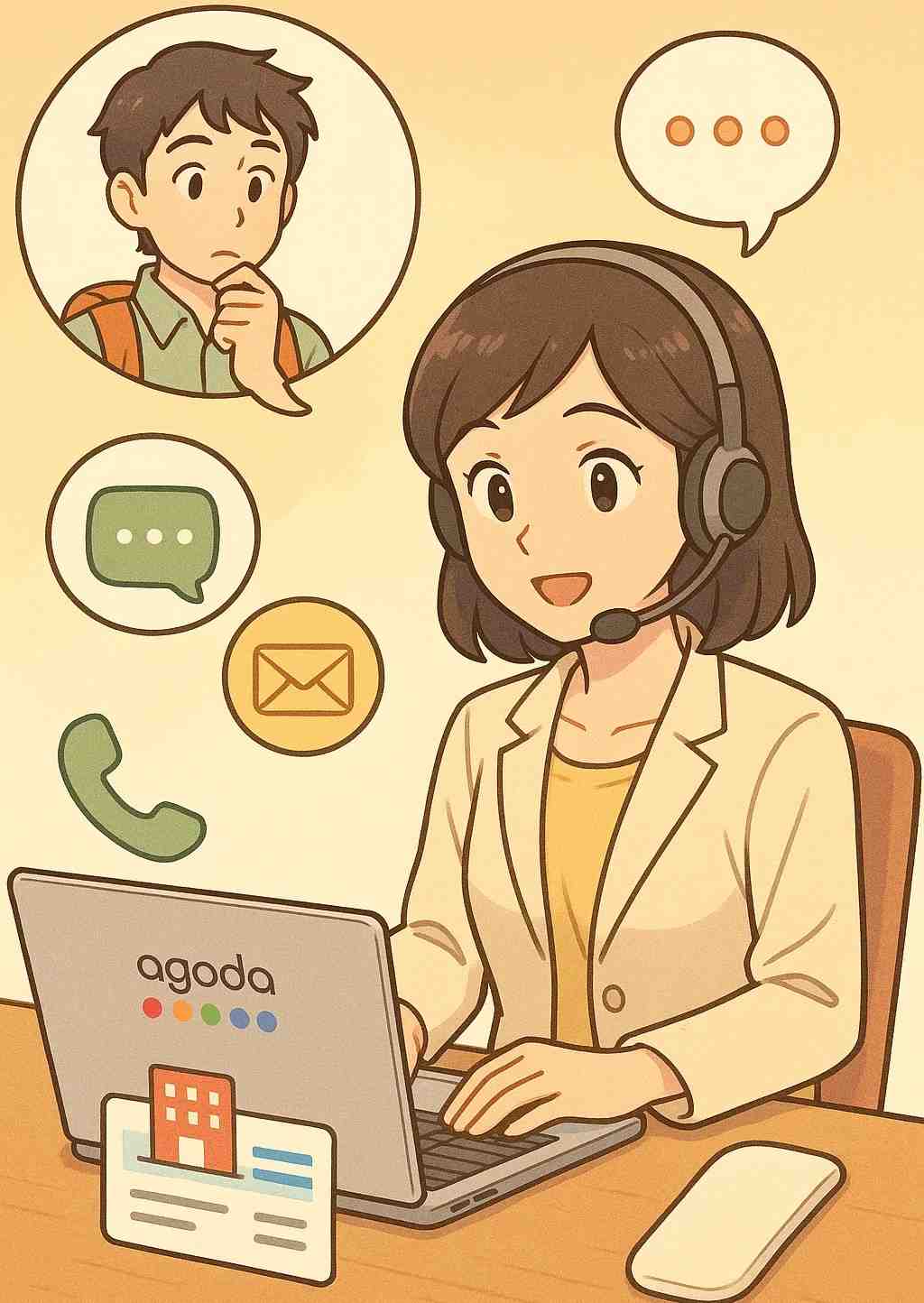 아고다 고객센터 상담원과 비회원 예약 문의 중인 여행자를 표현한 일러스트, 전화, 이메일, 채팅 아이콘 포함