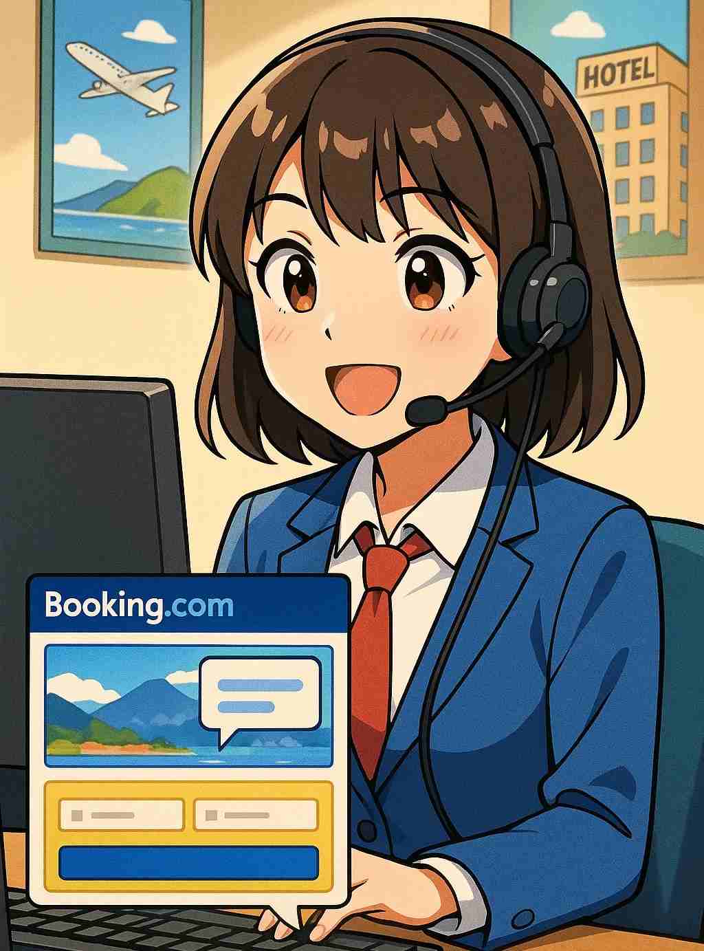 일본 애니메이션 스타일의 부킹닷컴 고객센터 상담원이 헤드셋을 착용하고 웃는 얼굴로 응대하는 장면. 컴퓨터 화면에는 부킹닷컴 로고와 채팅창이 나타나 있으며, 배경에는 여행 분위기를 나타내는 비행기와 호텔 일러스트가 함께 배치되어 있다.