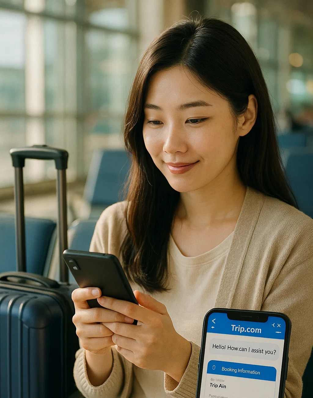 공항에서 스마트폰으로 트립닷컴 고객센터 실시간 채팅으로 예약 확인 중인 여성