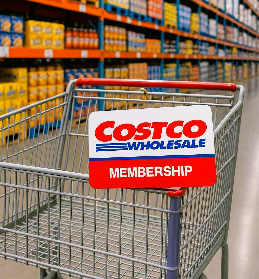 코스트코 회원권 안내 – 쇼핑카트에 꽂힌 Costco Membership 표지판과 창고형 매장 전경