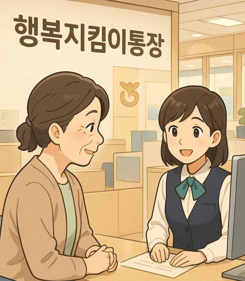 행복지킴이통장 상담받는 중년 여성과 친절한 직원의 모습. 신용불량자도 개설할 수 있는 복지 전용 통장을 설명 중인 장면.