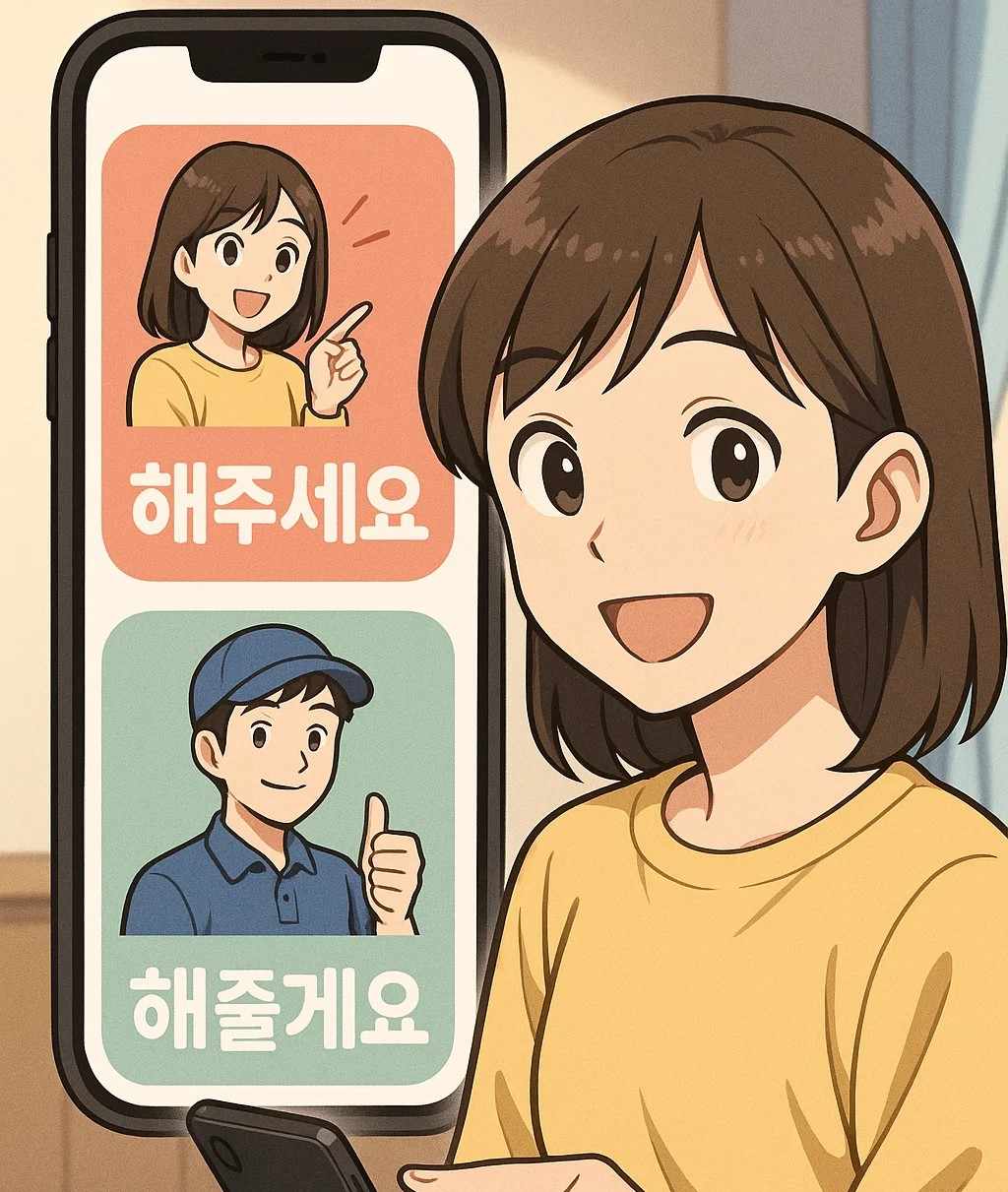 해주세요 와 해줄게요 메뉴가 표시되고, 여성이 앱을 사용하는 장면. 일본 애니메이션 스타일의 밝고 깔끔한 일러스트로, 심부름 앱 사용 흐름을 시각적으로 표현함.