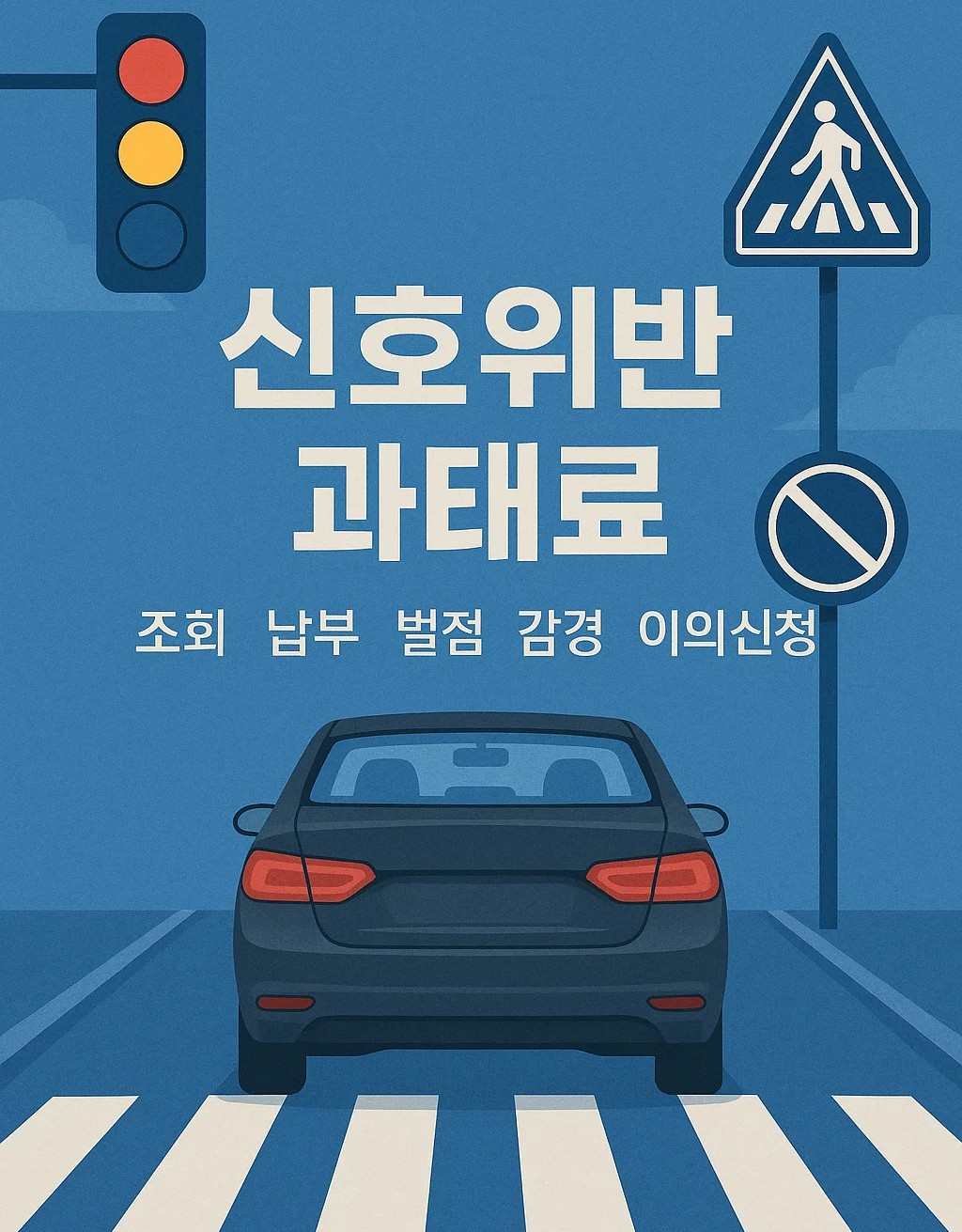 신호위반 과태료!에 대한 정보를 담은 블로그 썸네일 이미지. 정지선 앞에 정차한 자동차와 함께, 조회, 납부, 벌점, 감경, 이의신청 관련 키워드가 포함된 교통안전 이미지. 파란색 블루톤 배경과 현실적인 도로 표지판, 신호등이 표현되어 있음.