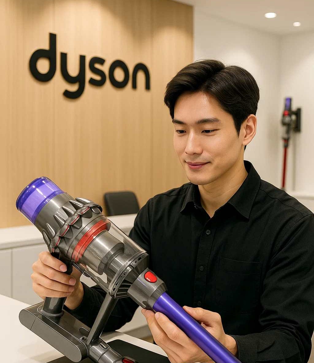 다이슨 AS 서비스센터에서 엔지니어가 무선청소기를 점검하고 있는 모습. 밝고 깔끔한 실내 인테리어와 다이슨 로고가 보이며, 공식 A/S 공간의 전문성과 신뢰감을 전달하는 이미지.