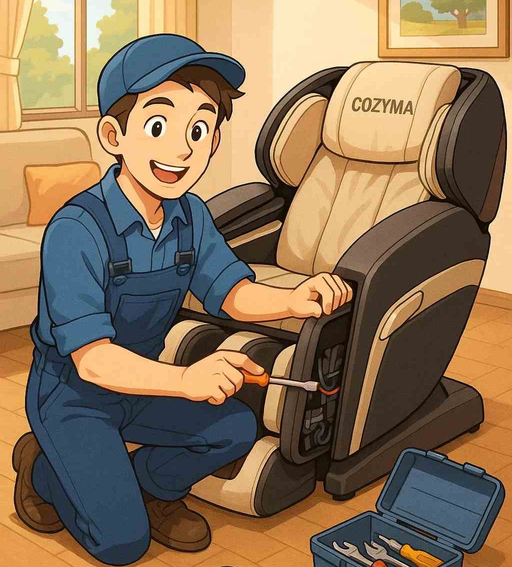 코지마 서비스센터 출장 수리 장면, 가정집 거실에서 코지마 안마의자를 점검 중인 엔지니어, 공구를 활용해 정비하는 모습이 담긴 일러스트 이미지
