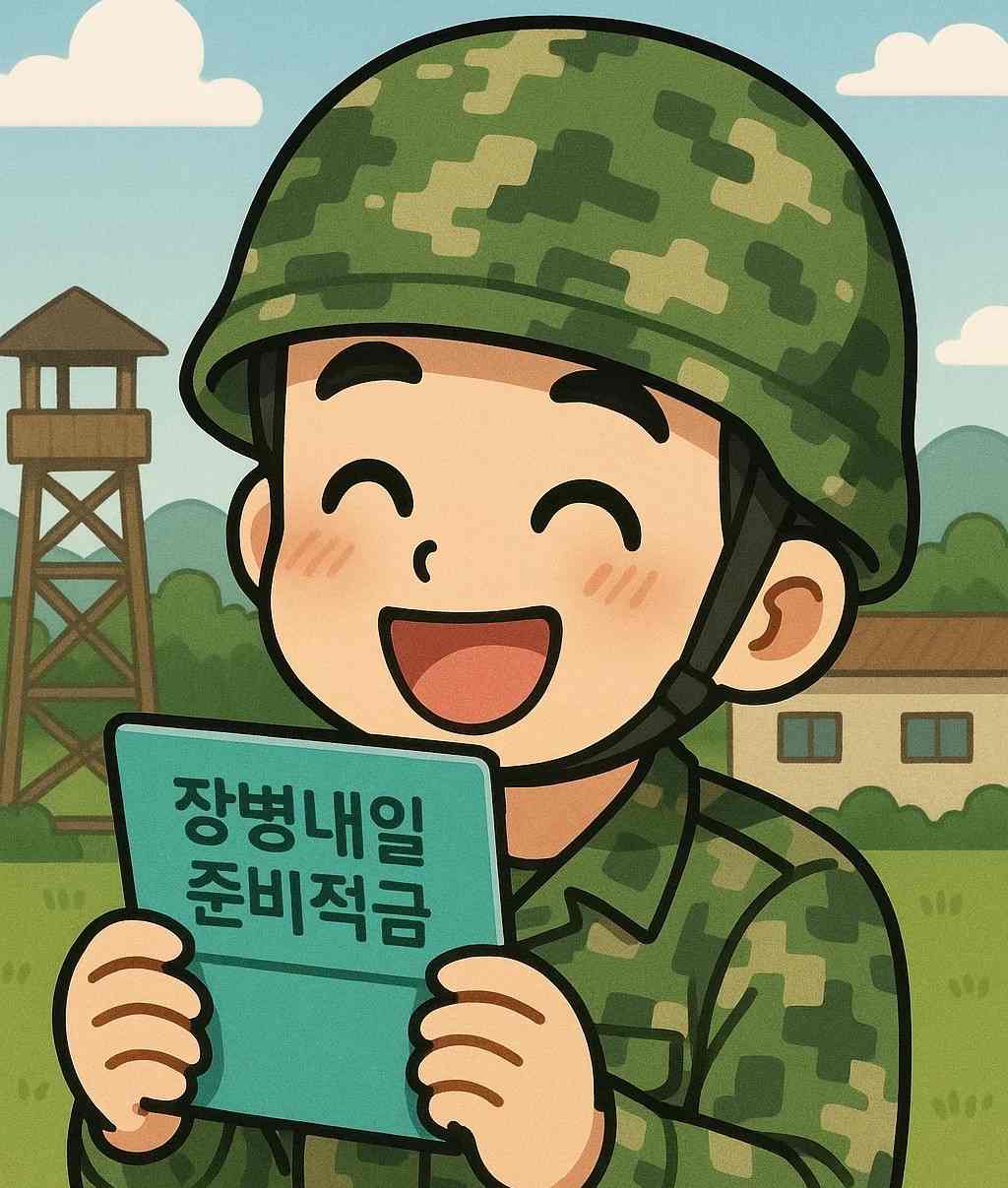 군인 적금 장병내일적금 통장을 들고있는 대한민국 군인의 모습을 애니메이션 스타일로 만든 이미지 입니다.