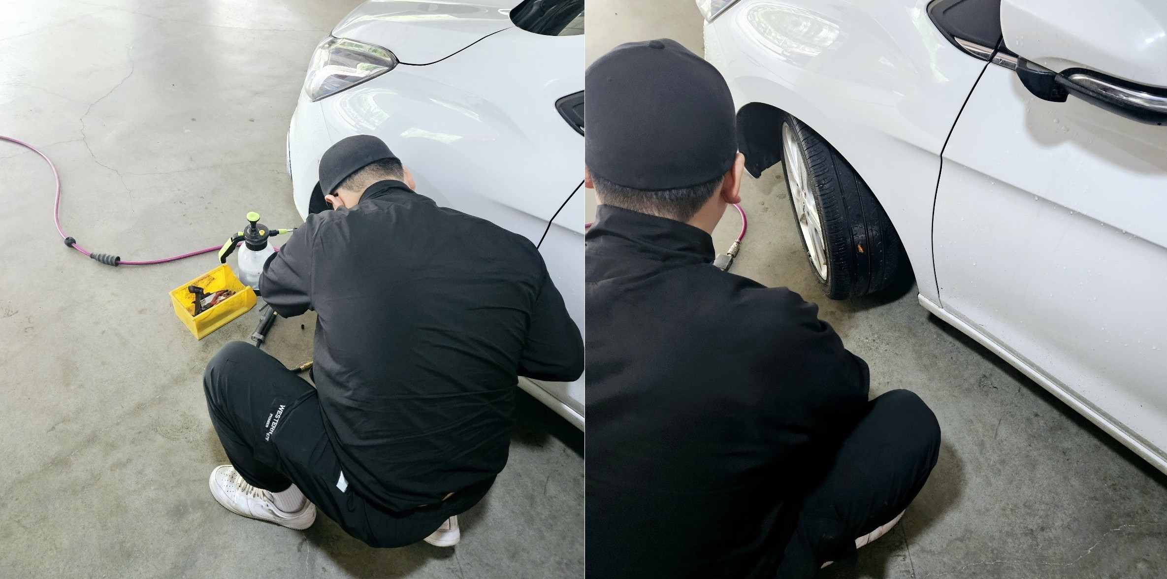 삼성화재 긴급출동 서비스로 타이어펑크를 현장에서 수리 중인 모습. 삼성화재 고장출동 상황을 신속하게 처리하는 모습이 인상적이다.