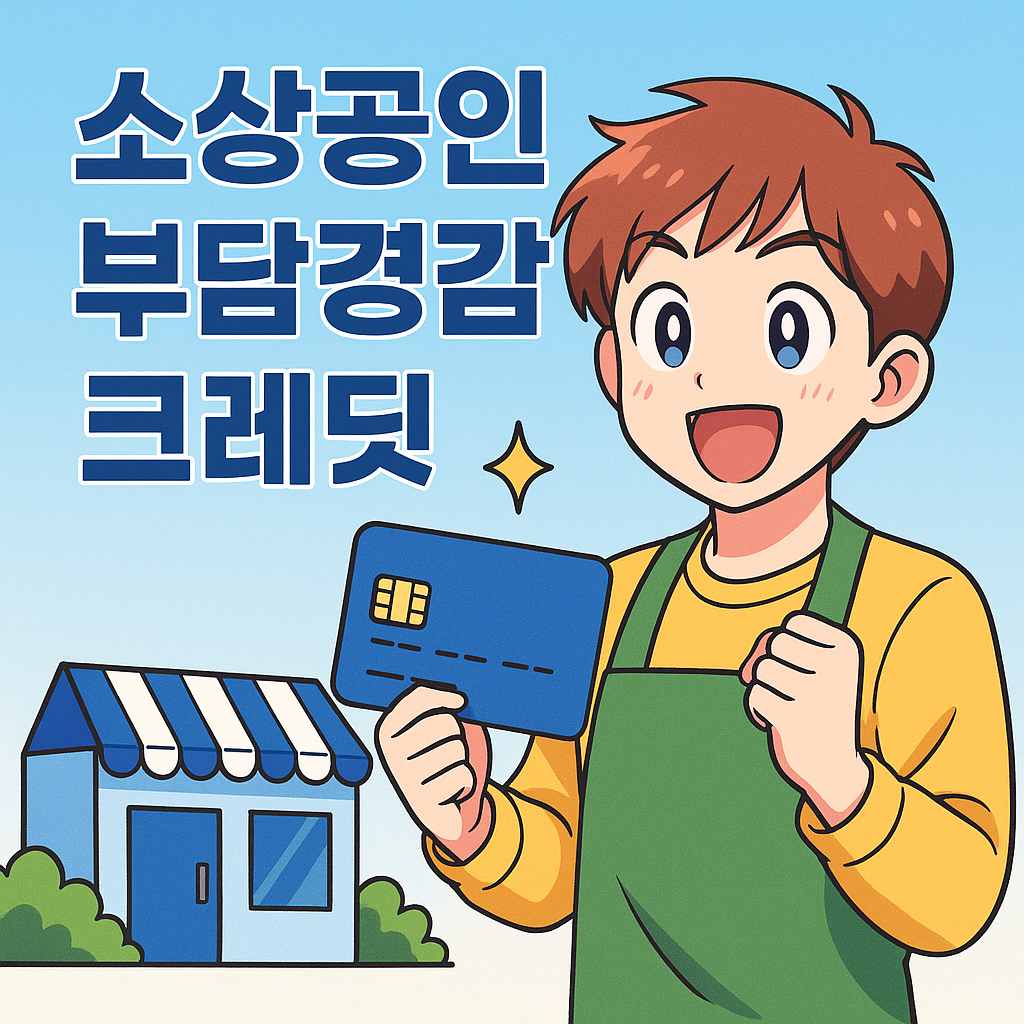 소상공인 부담경감 크레딧 신청을 준비하는 한국 소상공인을 일본 애니메이션 스타일로 표현한 일러스트 이미지. 지원 대상 확인과 온라인 신청 분위기를 따뜻하고 희망적으로 연출함.