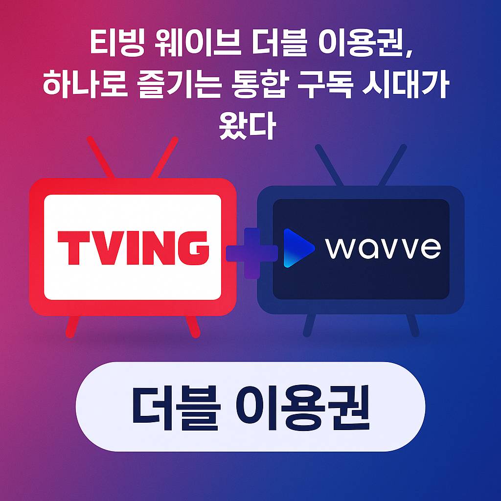 티빙 웨이브 더블 이용권을 안내하는 대표 이미지. 두 플랫폼의 통합 요금제 정보와 혜택, 7,900원 할인 안내가 강조된 시각적 그래픽. '티빙 웨이브 요금제', '더블 이용권 신청', 'OTT 통합' 등의 키워드가 시각적으로 표현됨.