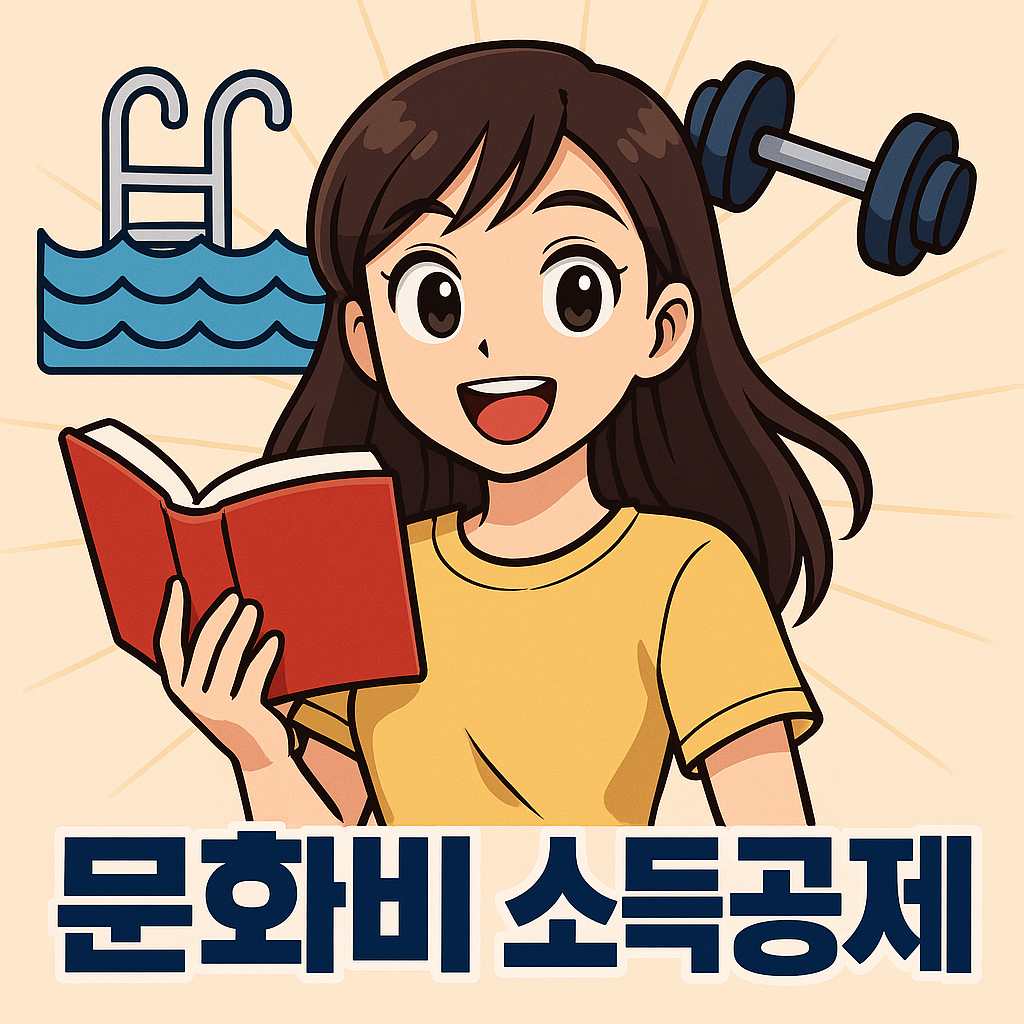 문화비 소득공제 누리집을 통해 수영장, 헬스장, 도서 구매까지 세금 공제를 받을 수 있는 장면을 일본 애니메이션 스타일로 표현한 일러스트
