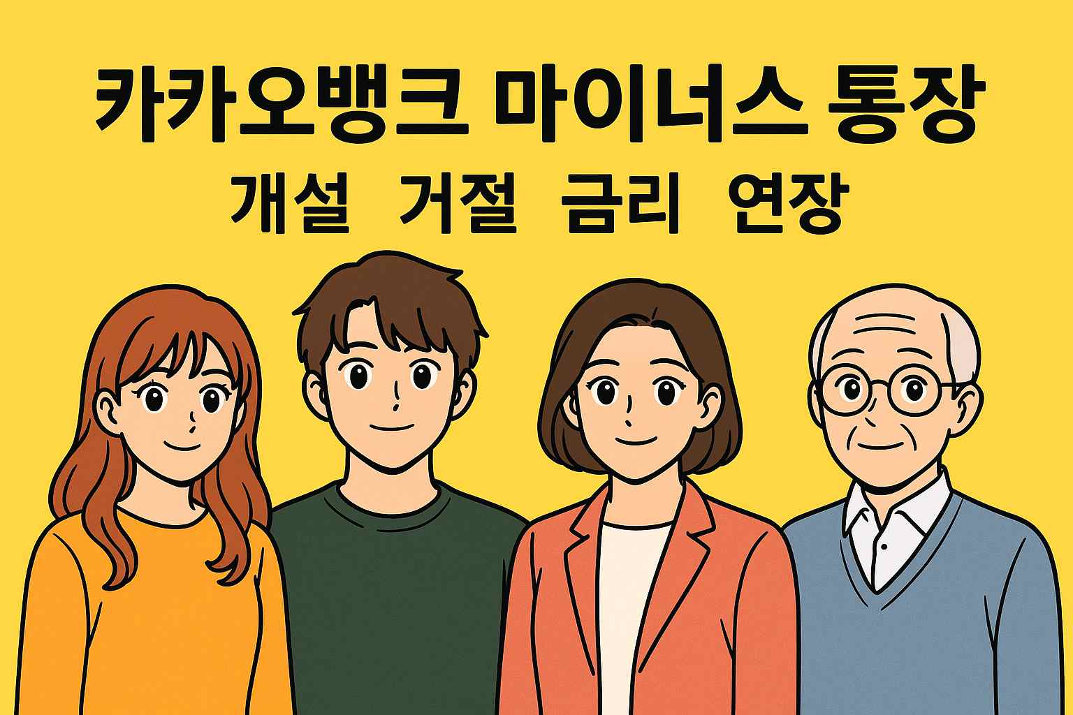 카카오뱅크 마이너스 통장에 대해 다양한 연령대가 함께 고민하는 모습을 담은 일러스트. 개설 조건, 금리, 거절 사유, 연장 방법 등 핵심 키워드를 시각적으로 강조.
