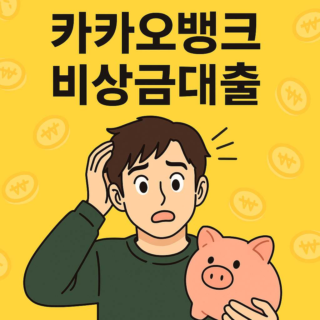 돼지저금통을 든 남성이 걱정스러운 표정으로 서 있는 모습. 배경은 밝은 노란색이며, 텍스트로 ‘카카오뱅크 비상금대출’, ‘조건’, ‘거절’, ‘연장’ 등의 키워드가 포함되어 있음.
