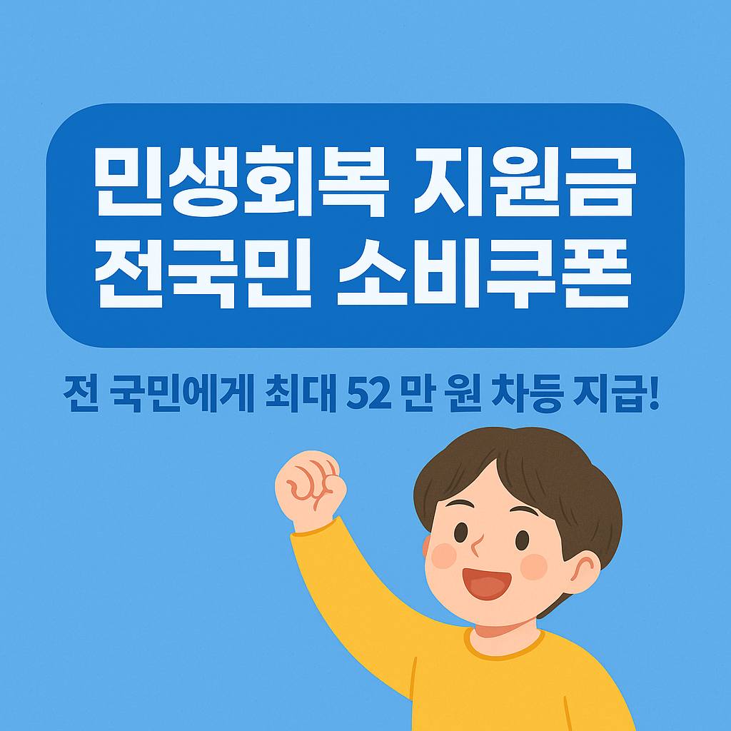 민생회복 지원금 전국민 소비쿠폰 관련 인포그래픽 이미지. '전 국민에게 최대 53만 원 차등 지급' 문구와 함께 지브리풍 캐릭터가 포함된 블루톤 디자인