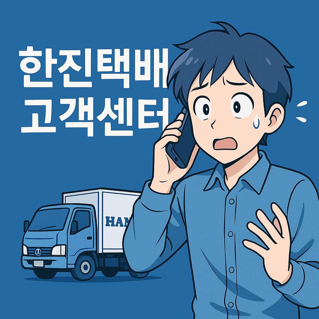 한진택배 고객센터에 문의 전화를 거는 남성 캐릭터가 당황한 표정으로 상담 연결을 시도하는 모습을 담은 일러스트입니다. 택배 문의와 고객센터 상담 상황을 시각적으로 표현한 이미지입니다.