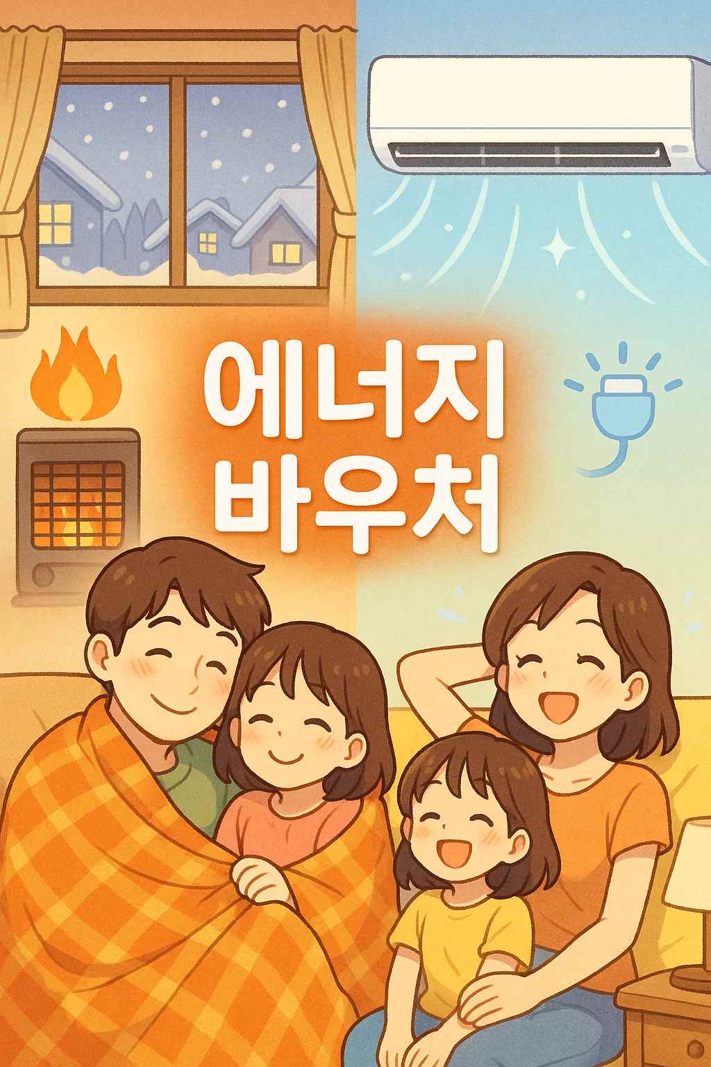 겨울에는 난방기 옆에서 담요를 덮고, 여름에는 에어컨 아래에서 웃고 있는 가족의 모습을 통해 에너지 바우처 혜택을 표현한 일러스트
