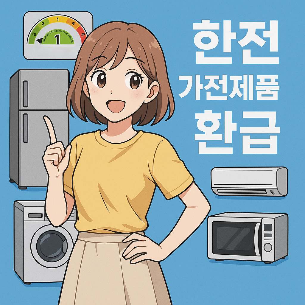 1등급 에너지효율 라벨이 부착된 고효율 가전제품과 캐릭터 일러스트 – 한전 가전제품 환급을 위한 조건 강조 이미지