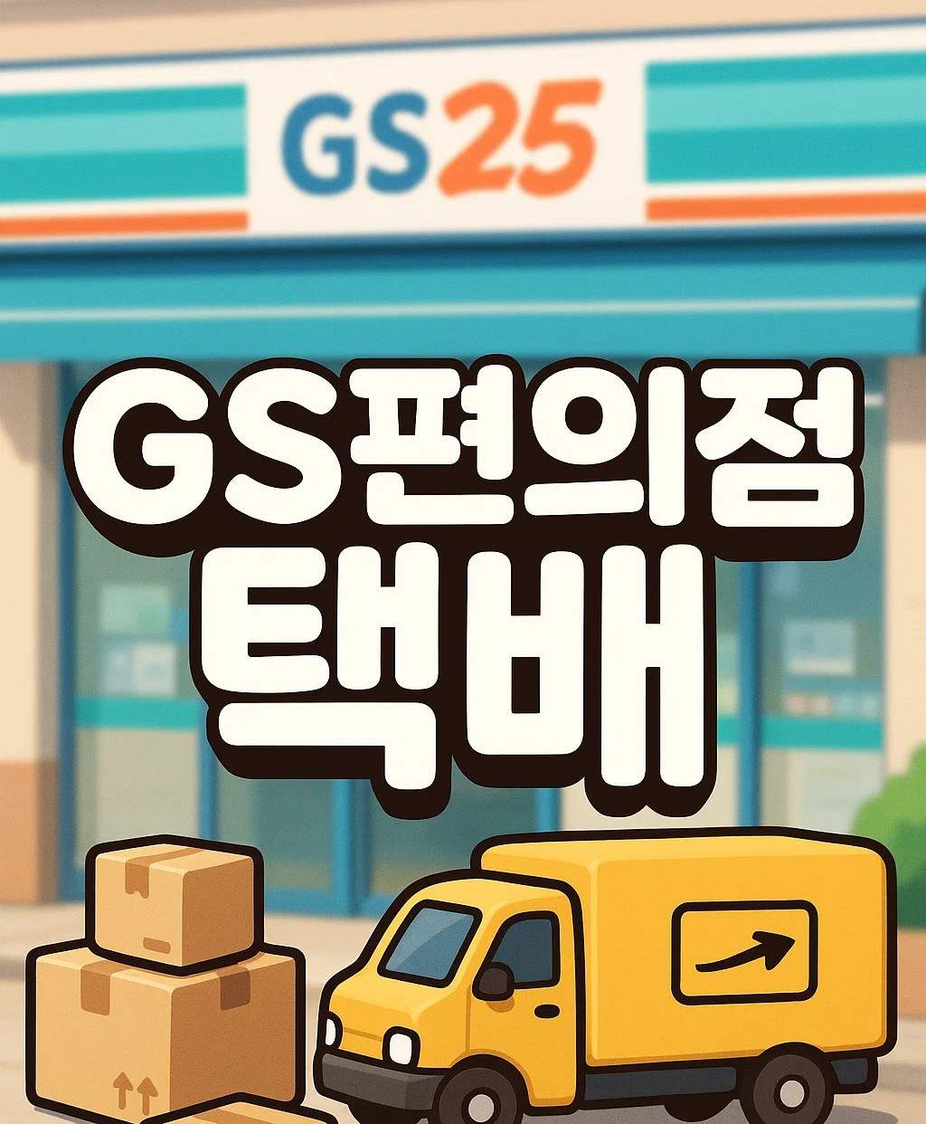 GS편의점 앞에서 반값택배를 보내는 택배 박스와 배송차 이미지