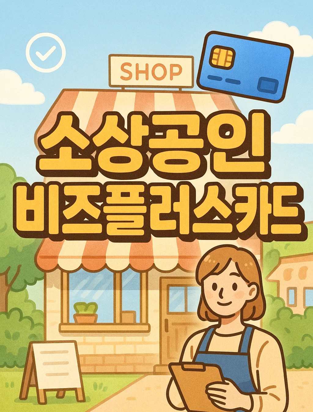 소상공인 비즈플러스카드 신청조건, 신청방법, 신청기간을 설명하는 일러스트 이미지. 여성 소상공인이 카드 지원을 준비하는 모습.