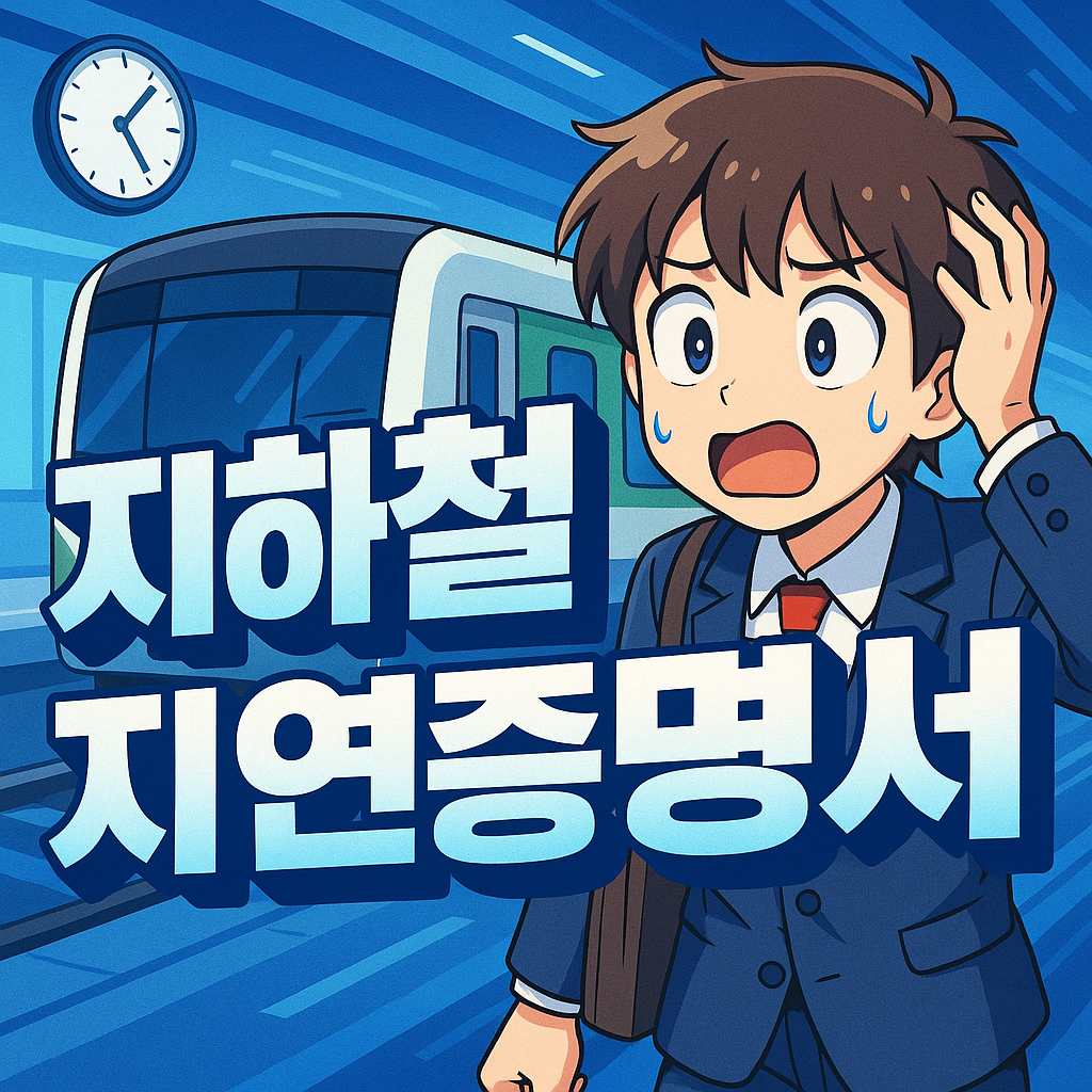 지하철 지연으로 당황한 애니메이션 스타일 캐릭터와 블루톤 배경에 강조된 지하철 지연증명서