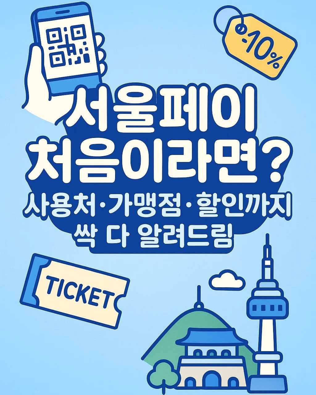 서울페이 사용법 안내 일러스트 이미지 – QR결제, 할인 태그, 서울 가맹점, 정책수당 티켓을 일본 애니 스타일로 표현한 시각 자료
