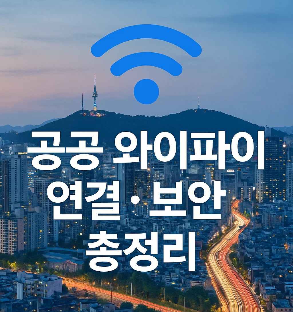 서울 시내 야경 위로 와이파이 아이콘과 함께 ‘공공 와이파이 연결 · 보안 총정리’ 문구가 중앙에 크게 표시된 이미지