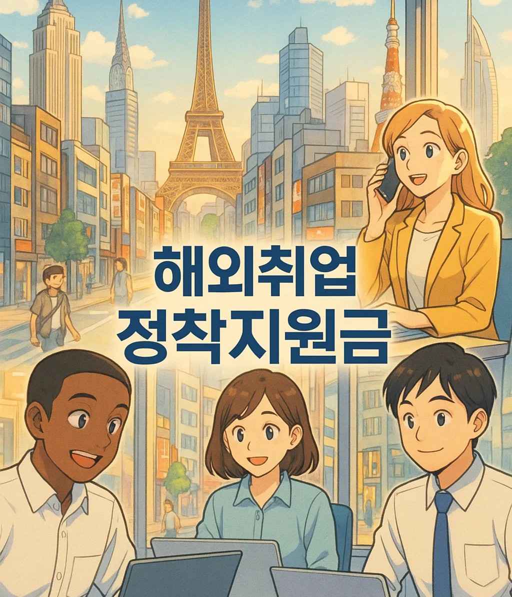 해외취업 정착지원금을 주제로 한 일본 애니메이션 스타일 일러스트. 파리, 뉴욕, 도쿄 등 주요 도시 배경이 조합된 장면 속에서 다양한 국적의 청년들이 사무실에서 일하는 모습이 표현됨. 해외취업과 정착지원금 정보를 나타내는 이미지.