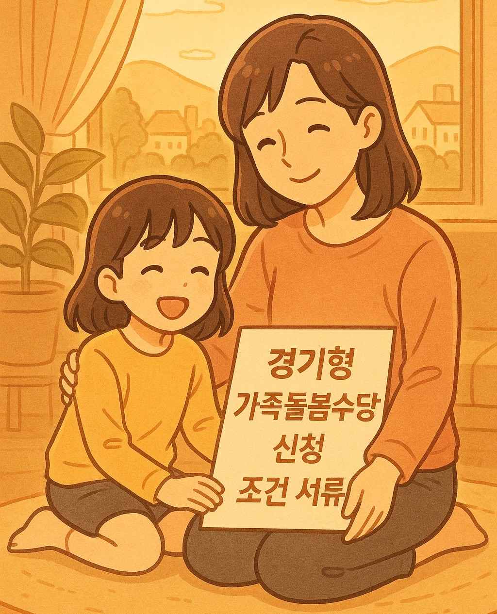 경기형 가족돌봄수당 신청 방법과 조건 서류를 안내하는 따뜻한 가족 이미지. 아이와 엄마가 함께 신청서를 들고 있는 장면.