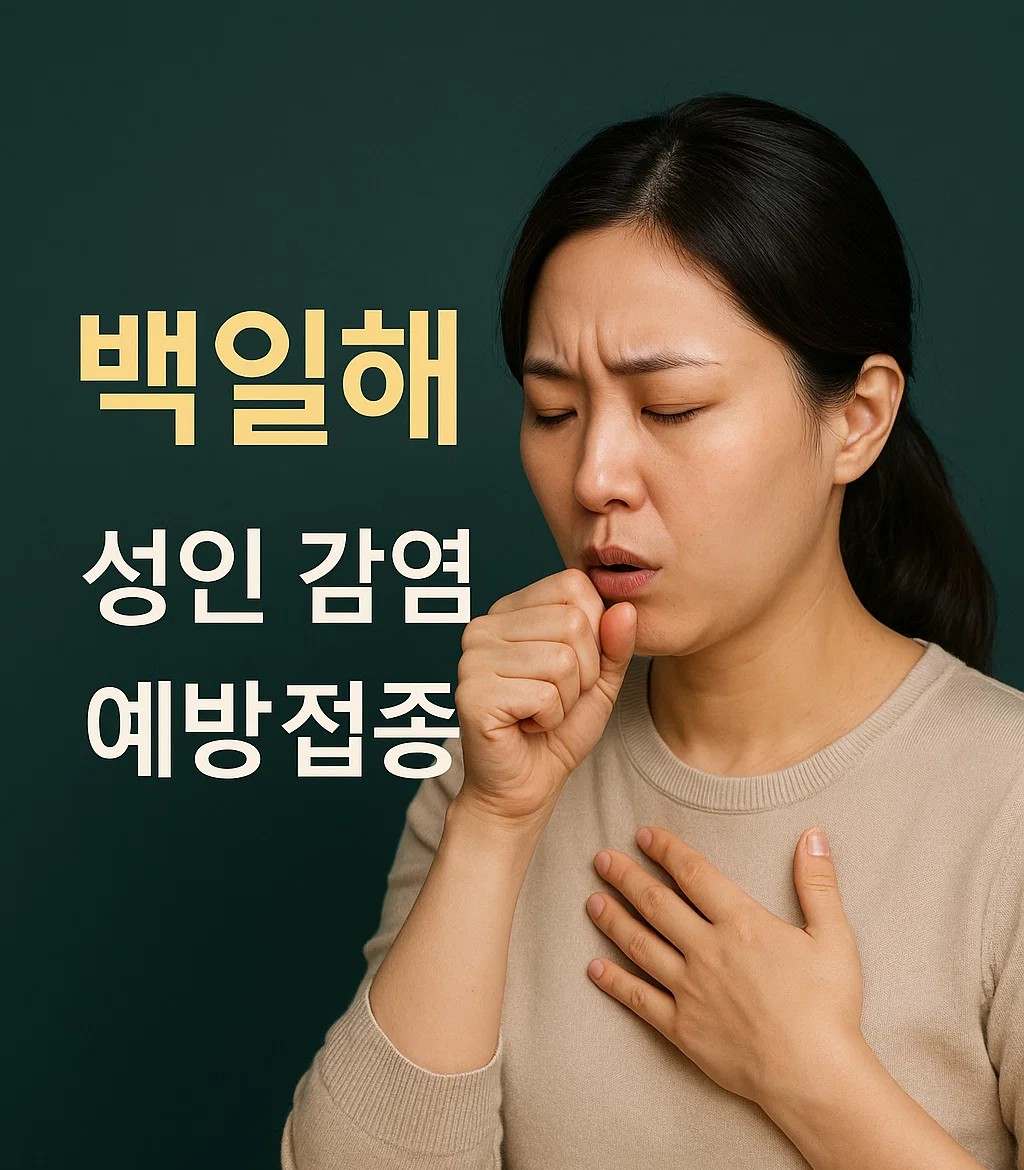 기침하는 성인 여성과 함께 백일해, 성인 감염, 예방접종이라는 문구가 적힌 이미지