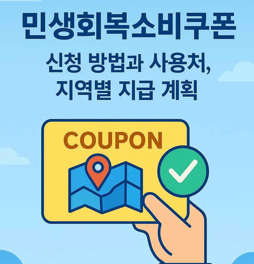 민생회복소비쿠폰 신청 방법과 사용처, 지역별 지급 계획을 설명하는 한국어 정보형 일러스트입니다. 하늘 배경 위에 밝은 노란색 쿠폰과 지도를 들고 있는 손 그림이 중앙에 배치되어 있으며, 초점 키워드와 함께 신청과 사용 관련 내용을 시각적으로 표현하고 있습니다.