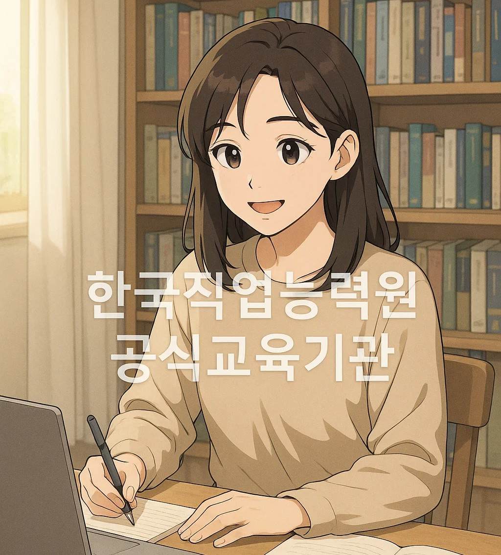 한국직업능력진흥원 자격증 공부 중인 20대 여성 일러스트|무료 자격증 온라인 수강 이미지