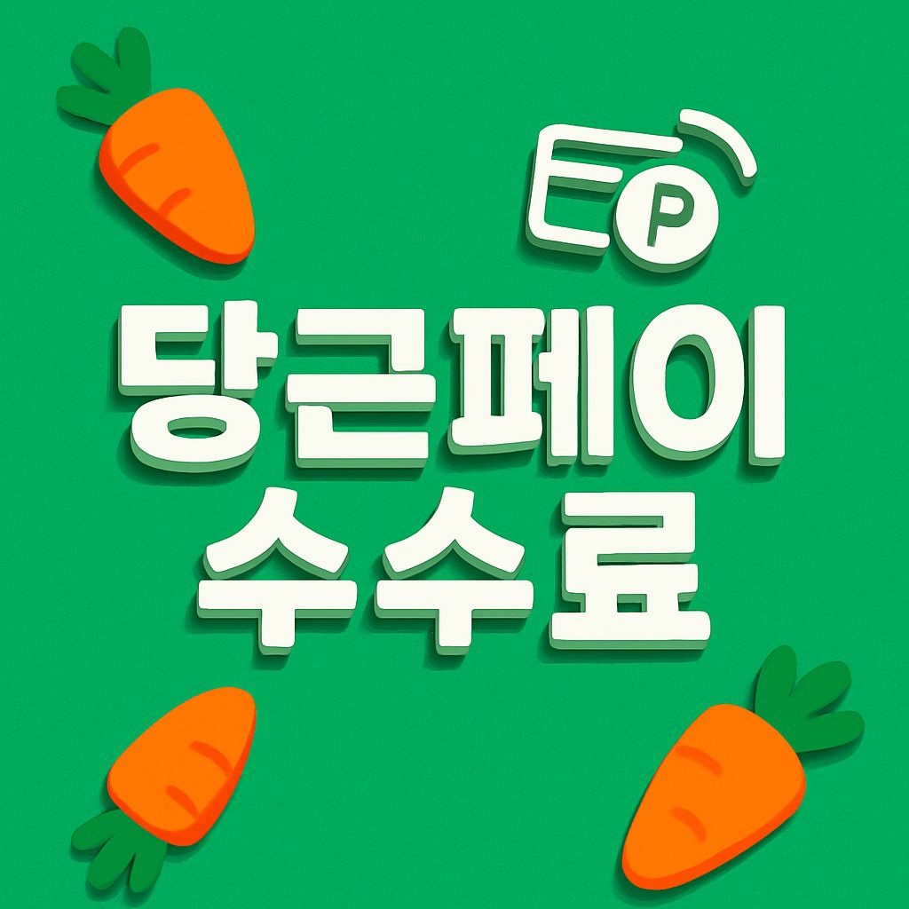 녹색 배경에 당근 일러스트가 사방에 배치된 디자인 이미지. 중앙에는 입체감 있는 흰색 글씨로 ‘당근페이 수수료’라는 문구가 큼직하게 들어가 있고, 상단에는 무선 결제 아이콘이 함께 그려져 있음. 모바일 간편결제 시스템인 당근페이의 수수료 정보를 강조하는 시각자료.