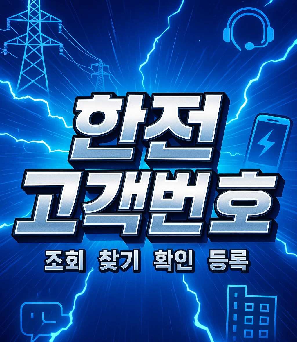 한전 고객번호를 조회·찾기·확인·등록하는 과정을 강조한 전기 민원 안내 이미지로, 번개 배경과 통신, 스마트폰, 고객센터 관련 아이콘이 함께 표현되어 있습니다.