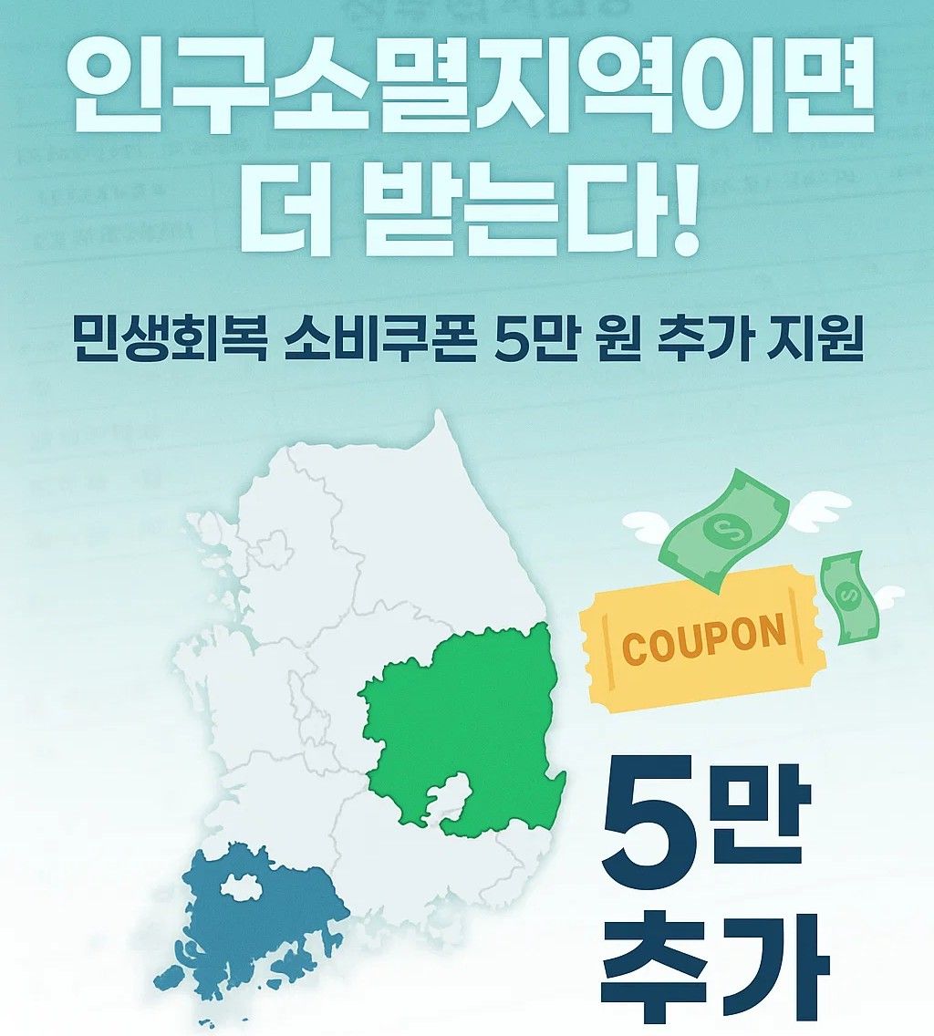 인구소멸지역 주민에게 민생회복 소비쿠폰 5만 원이 추가로 지급된다는 내용을 시각적으로 강조한 안내 이미지입니다. 지도 배경 위에 혜택 문구와 지역 강조 디자인이 포함되어 있습니다.