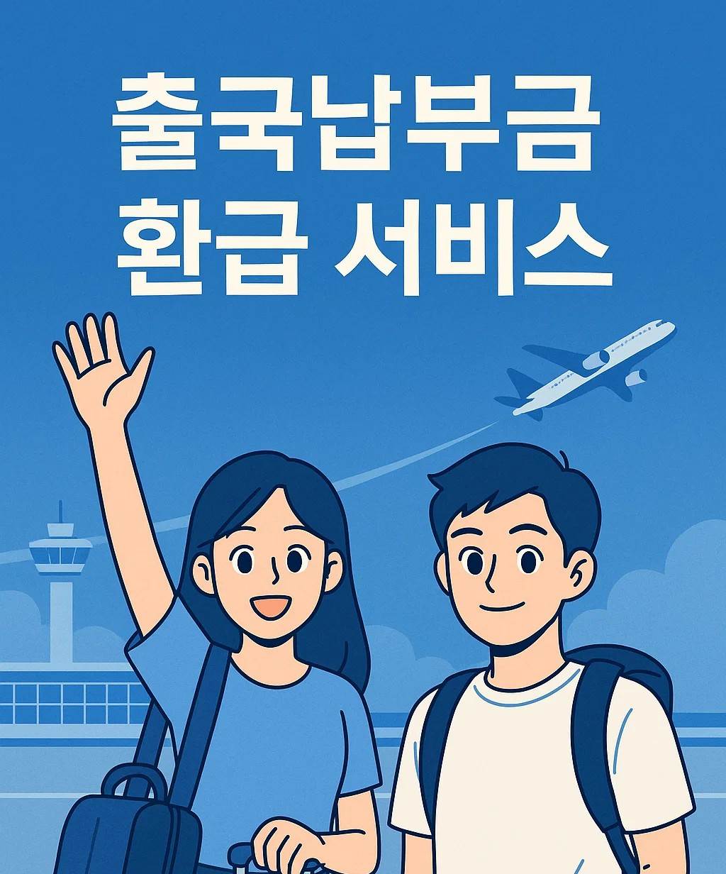 출국납부금 환급 서비스를 주제로 한 공항 배경 일러스트. 밝은 파란색 톤 위에 여행용 가방을 든 남녀 캐릭터가 서 있고, 하늘에는 비행기가 날아가는 모습이 포함되어 있습니다.